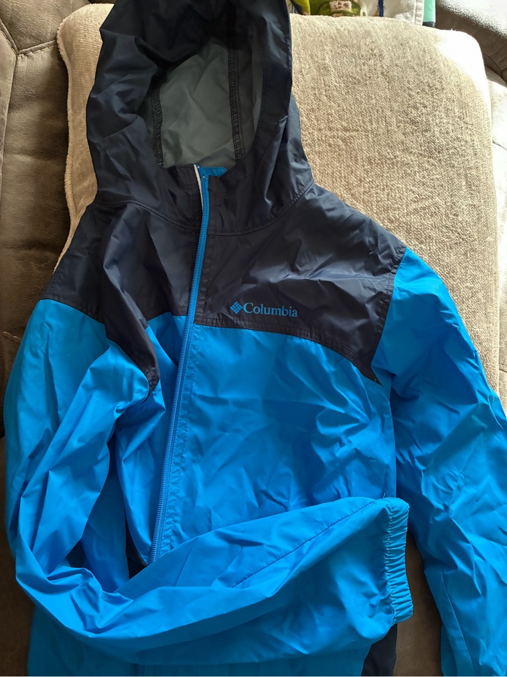 Columbia Two-Tone Blue and Navy Kids Hooded Rain Jacket